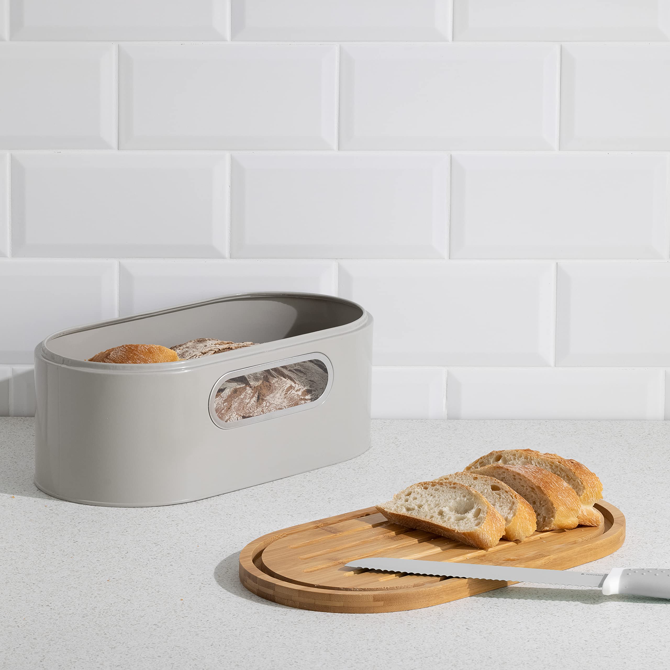 navaris-kitchen-brotkasten-taupe-mit-bambusdeckel-schneidebrett image 2