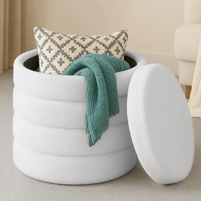 navaris-beauty-pouf-hocker-wei-rund-boucle-stauraum-teddy image 1