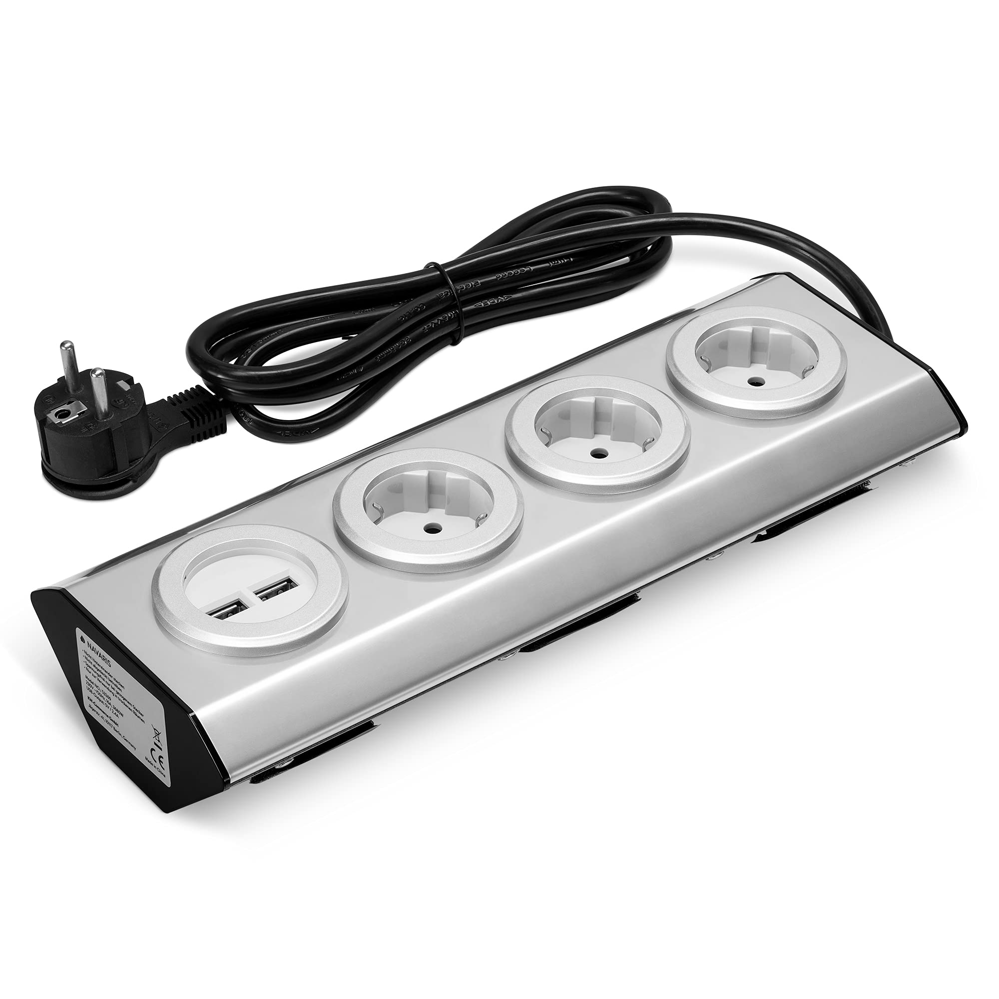 navaris-office-k-chensteckdose-3-fach-edelstahl-usb-silber image 1