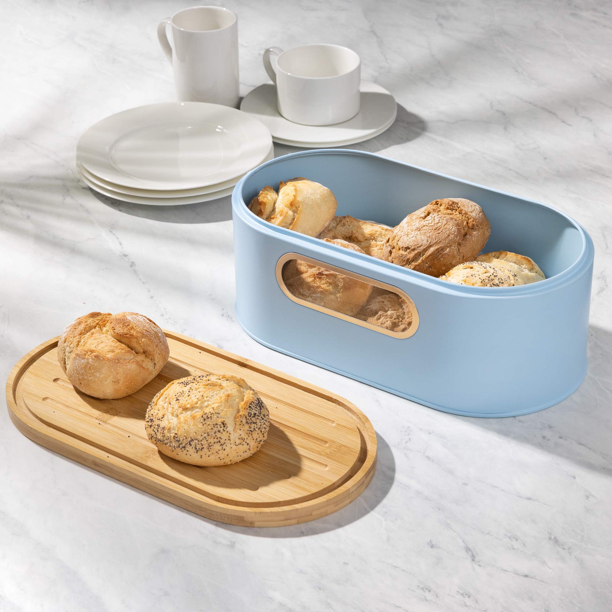 navaris-kitchen-brotkasten-blau-mit-bambusdeckel-schneidebrett image 2