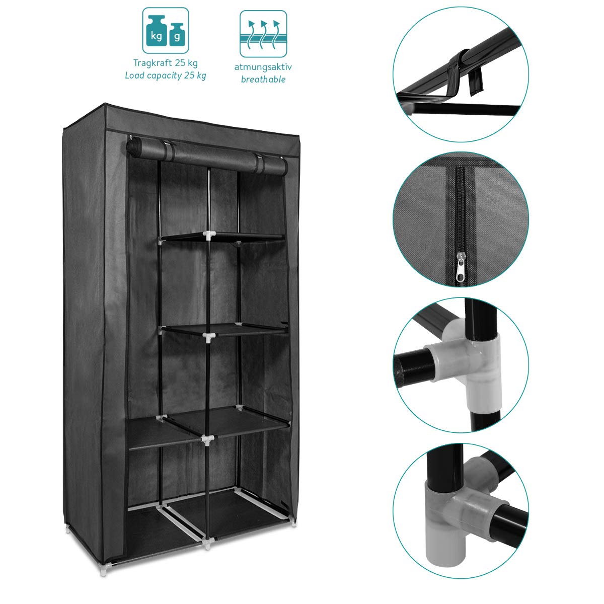 navaris-stoff-kleiderschrank-88x170x45-grau-mit-kleiderstange image 3