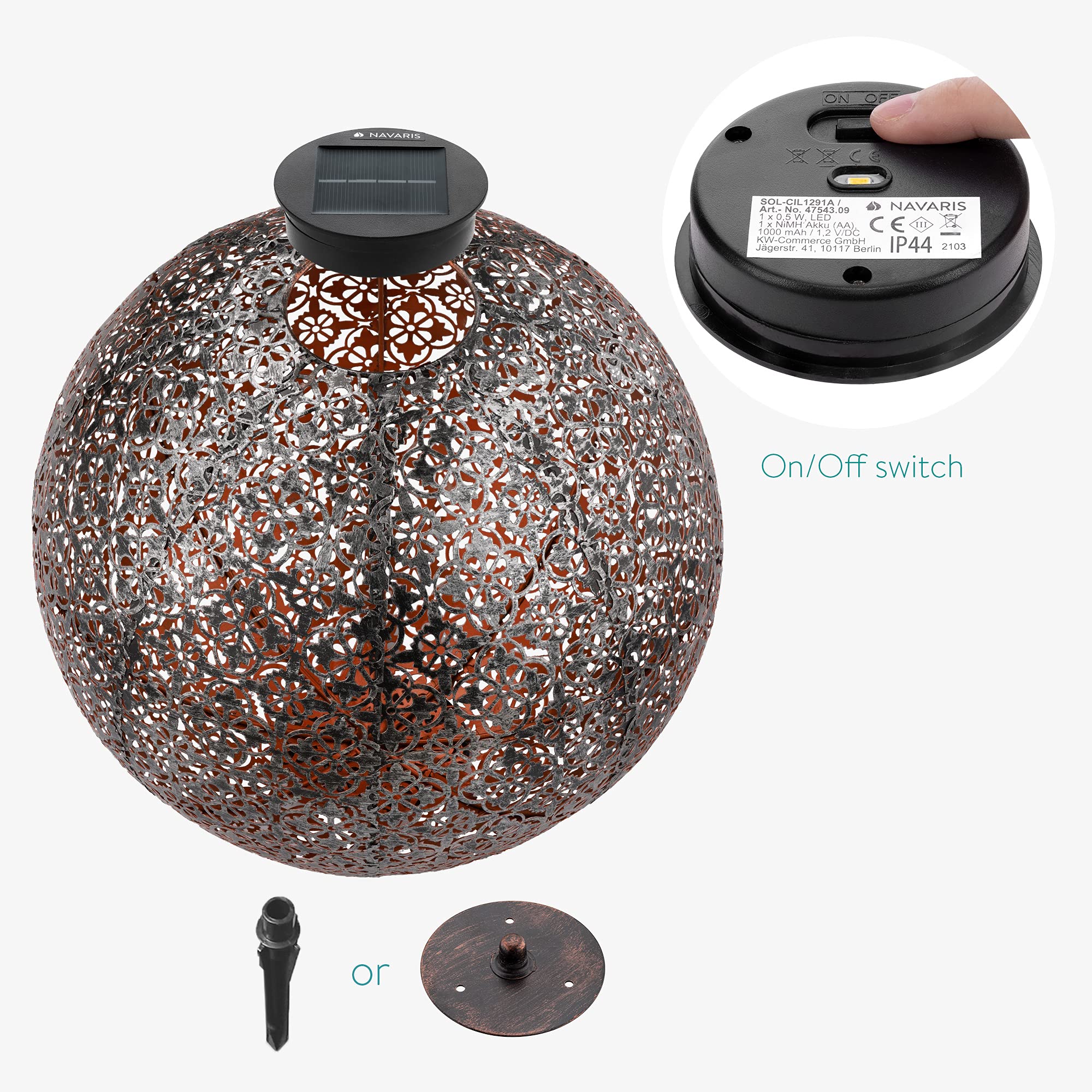 navaris-led-solar-kugel-metall-30cm-silber-mit-erdspie image 5