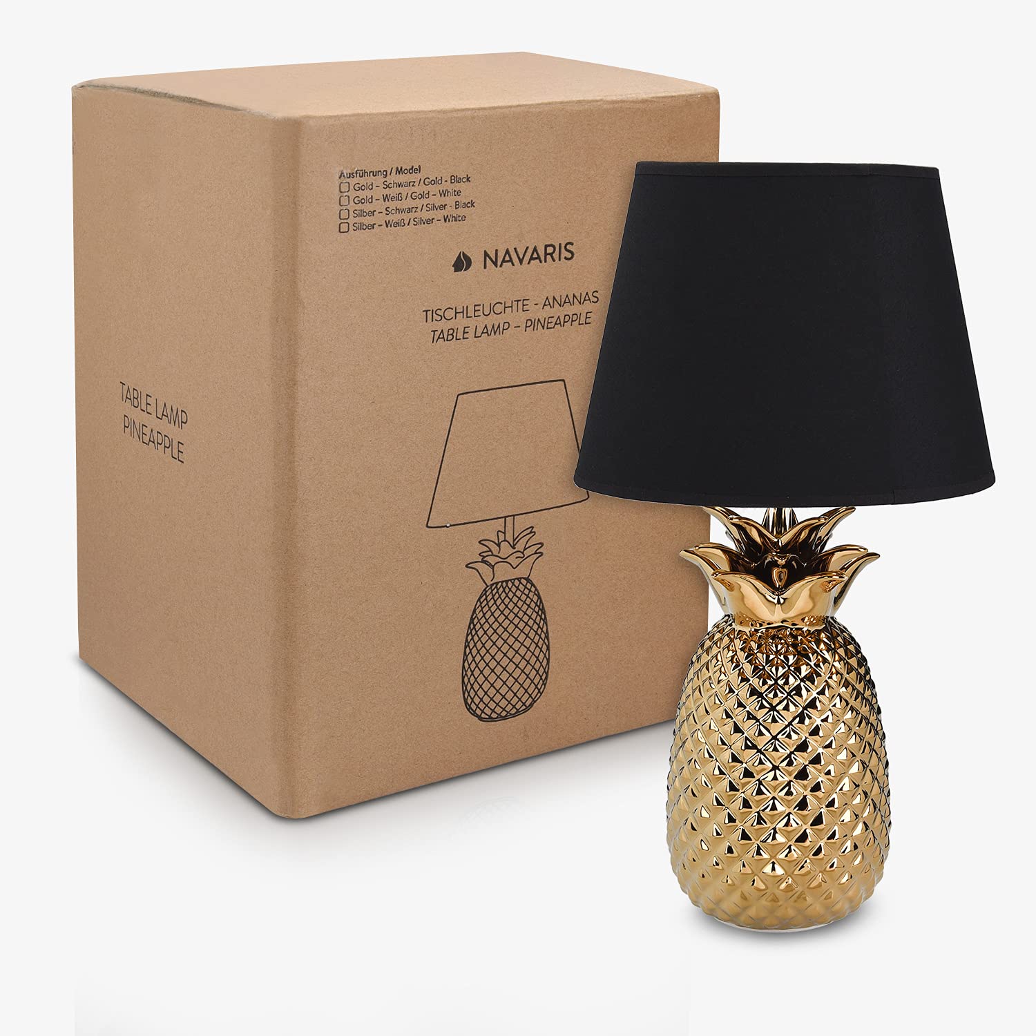 navaris-tischlampe-ananas-40cm-keramik-deko-nachttischlampe-gold-schwarz image 7