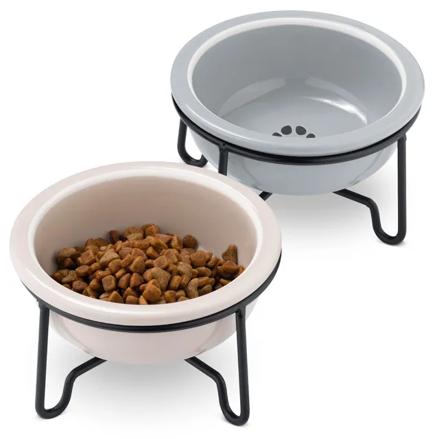 navaris-fressnapf-keramik-2x-mit-st-nder-grau-beige image 1