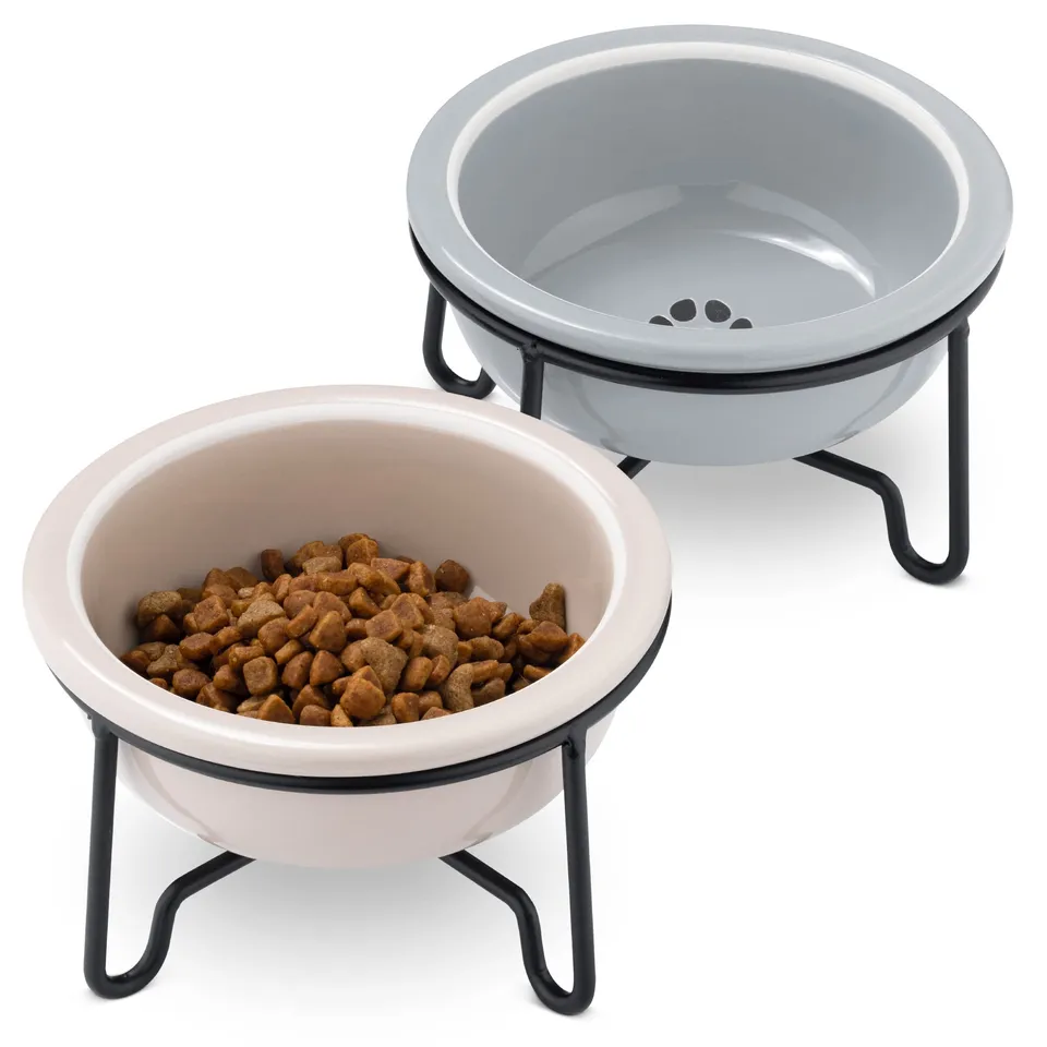 navaris-fressnapf-keramik-2x-mit-st-nder-grau-beige image 1