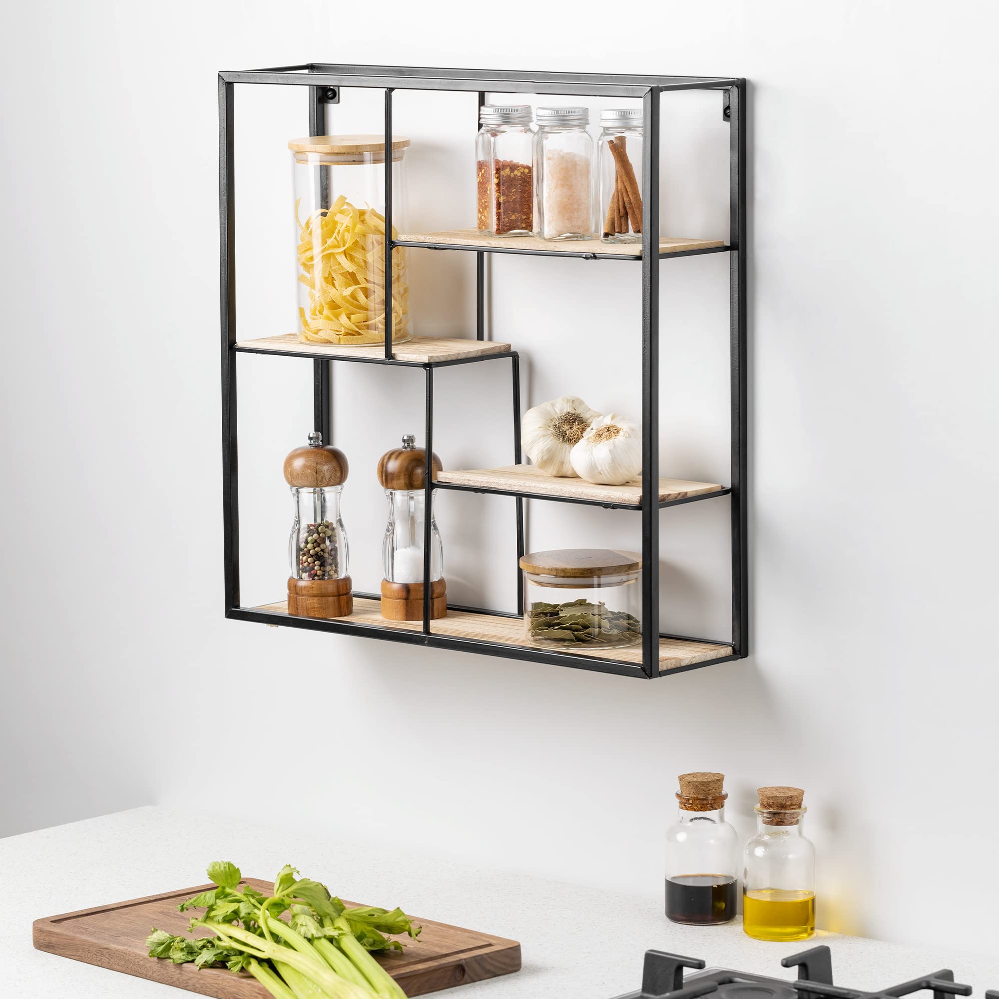navaris-kitchen-wandregal-metall-holz-46x46x11cm-schwarz-industrial image 4