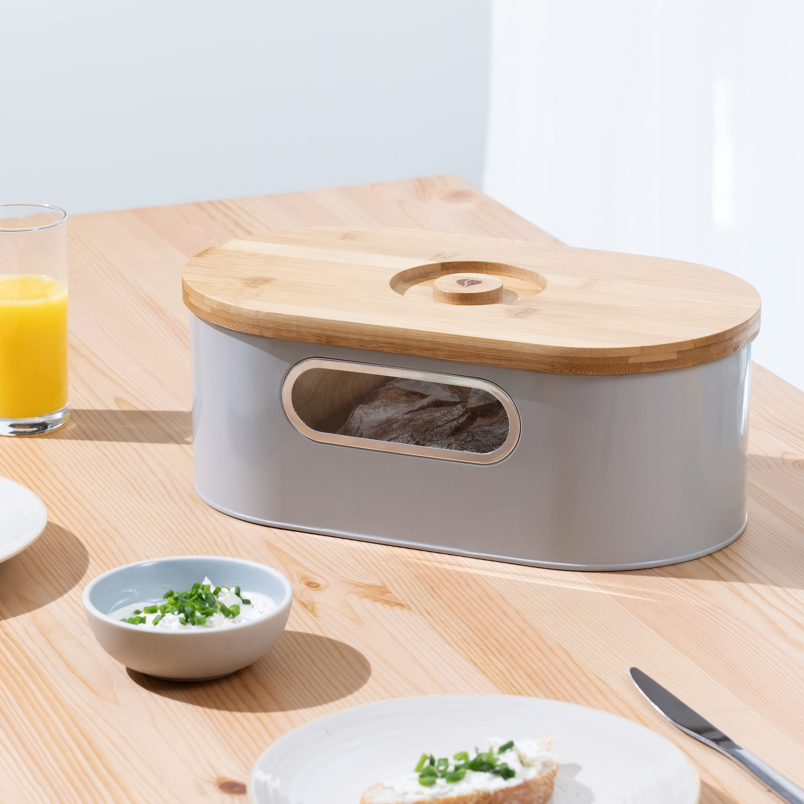 navaris-kitchen-brotkasten-taupe-mit-bambusdeckel-schneidebrett image 3