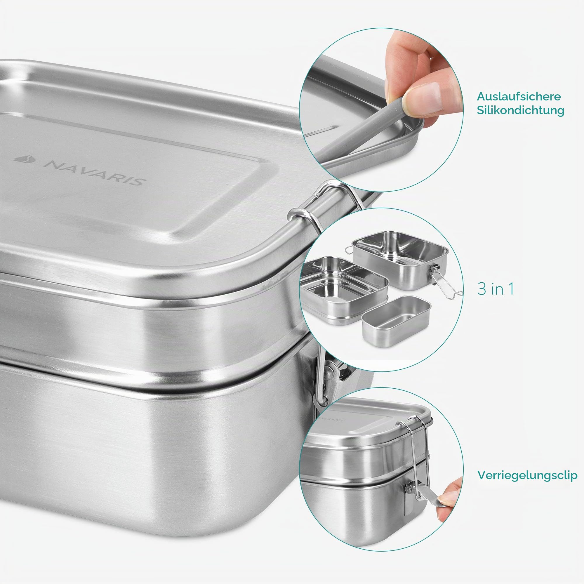 navaris-kitchen-brotdosen-set-edelstahl-3tlg-lunchbox-auslaufsicher image 3