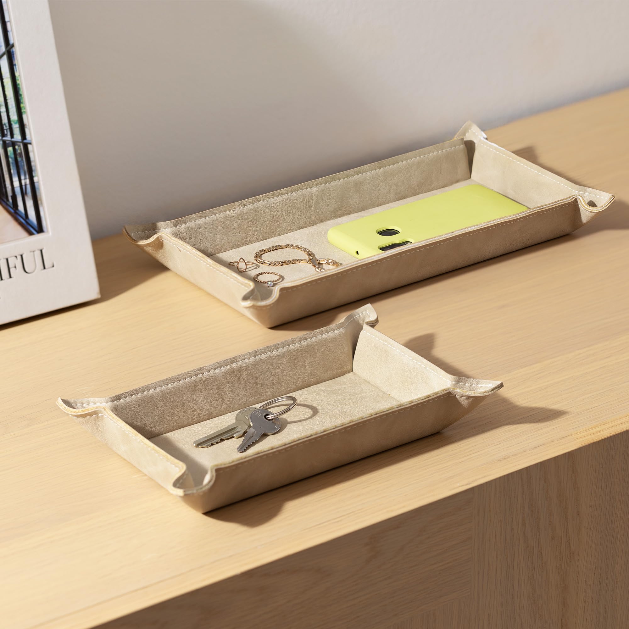 navaris-beauty-lederschale-tablett-2er-set-beige-kunstleder image 3