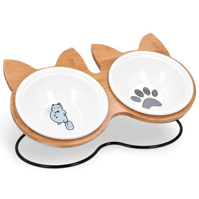 navaris-futternapf-katze-keramik-bambus-halter-futterstation image 1