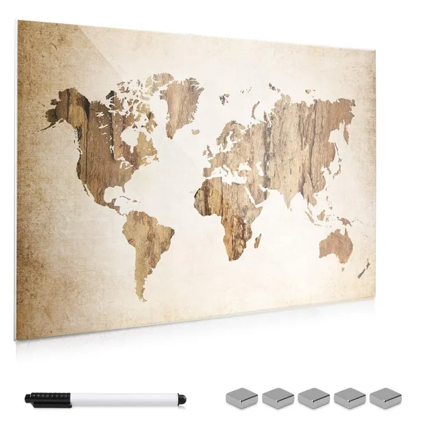 navaris-magnettafel-glas-memoboard-90x60-cm-weltkarte-vintage image 1