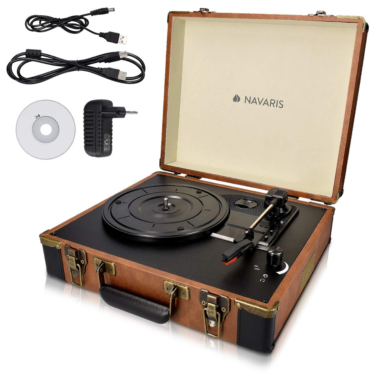 navaris-retro-koffer-plattenspieler-braun-schwarz-mit-usb-lautsprecher image 1