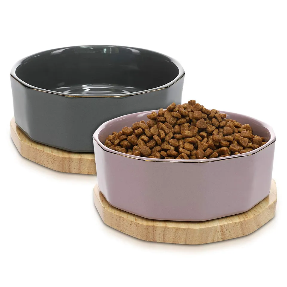 navaris-animals-fressnapf-keramik-set-2x-800ml-lila-grau-holz image 1