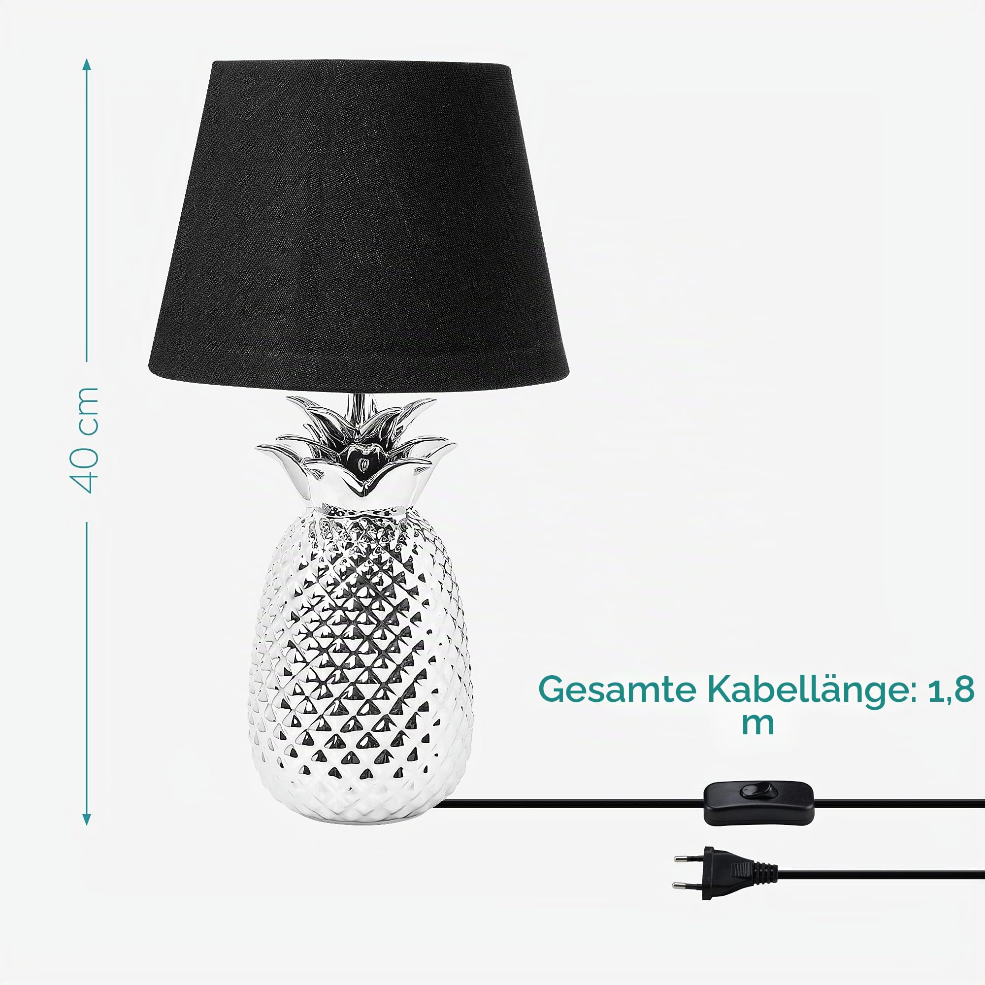 navaris-ananas-tischlampe-40cm-keramik-e27-silber-schwarz image 4
