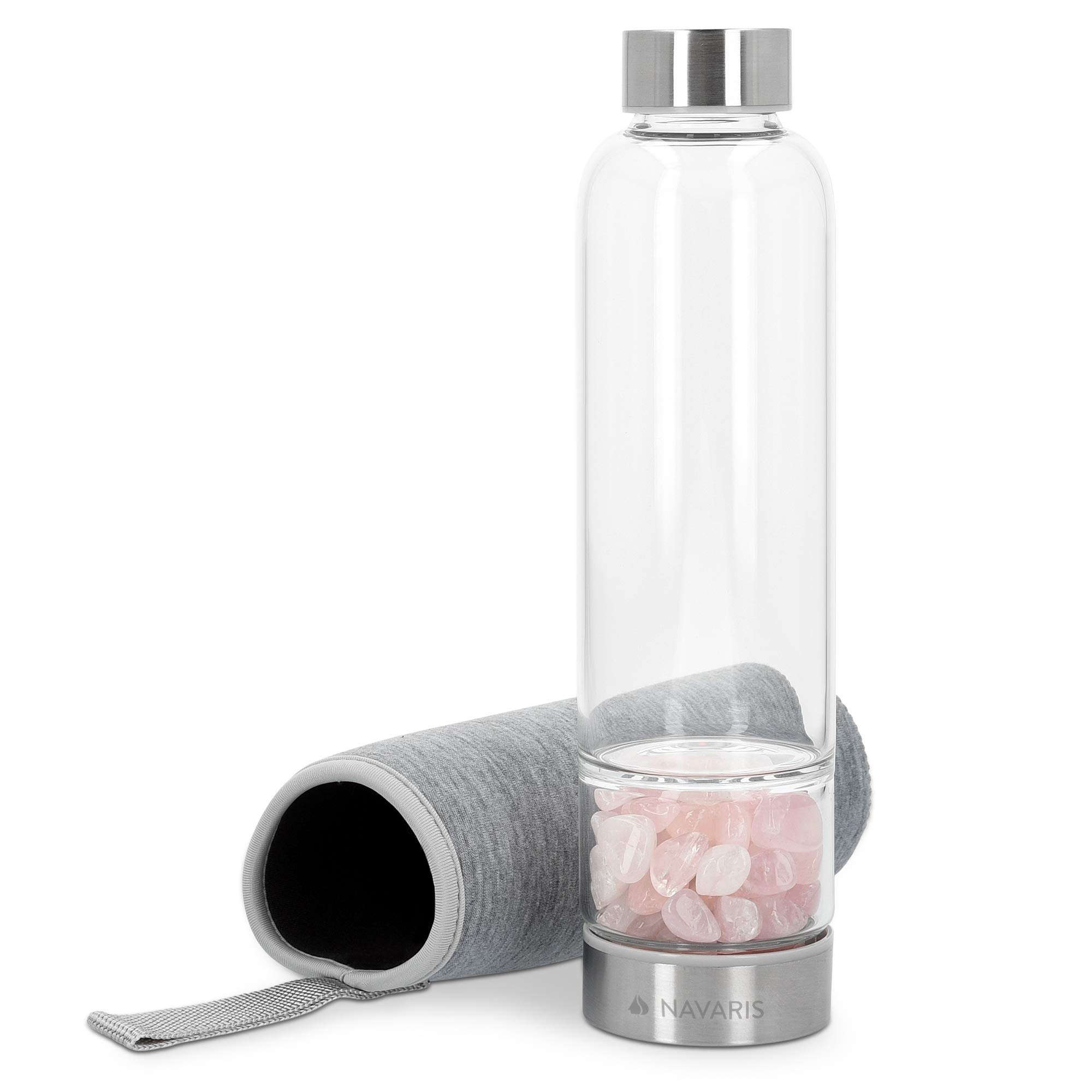 navaris-wasserflasche-glas-420ml-mit-mineralstein-neopren image 1