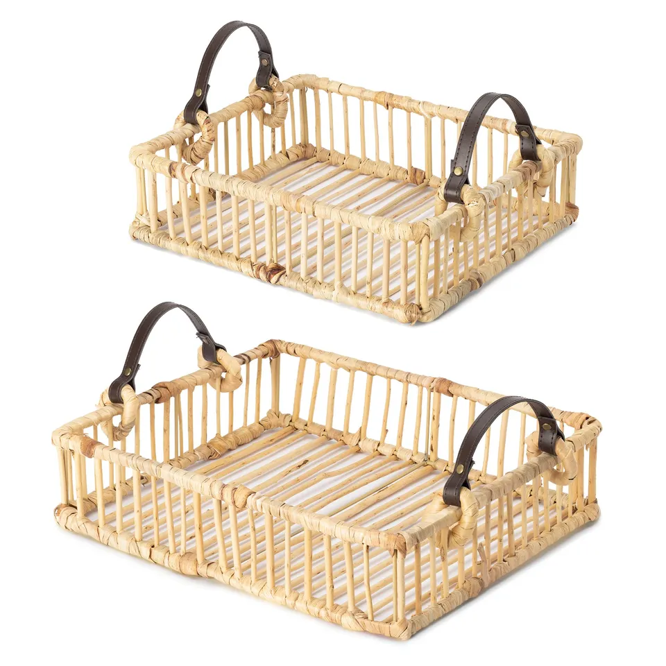 navaris-weidenkorb-tablett-set-2-teilig-mit-ledergriff-natur image 1