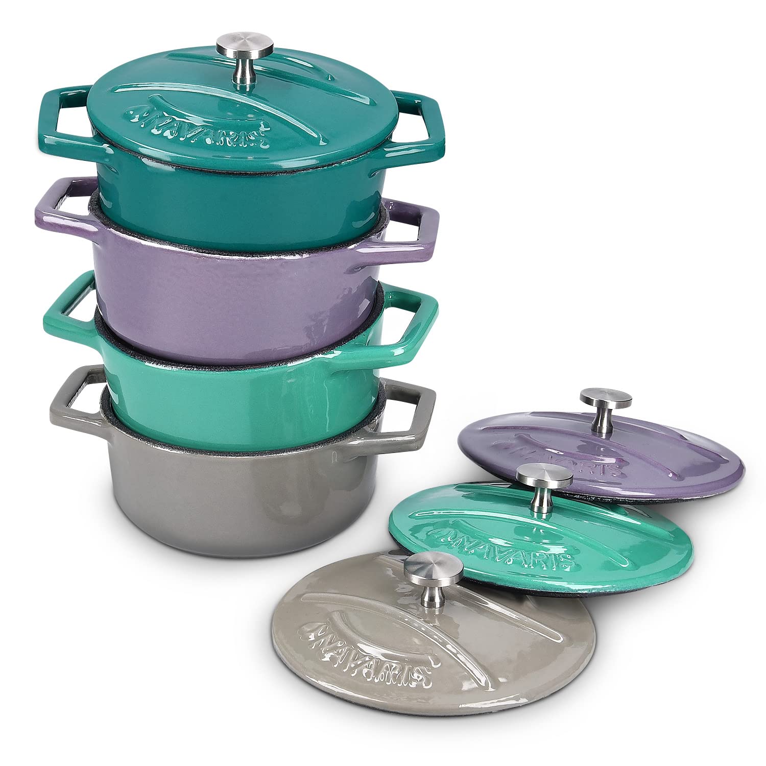 navaris-kitchen-mini-cocotte-4er-gusseisen-gr-n-lila-backofenfest image 1