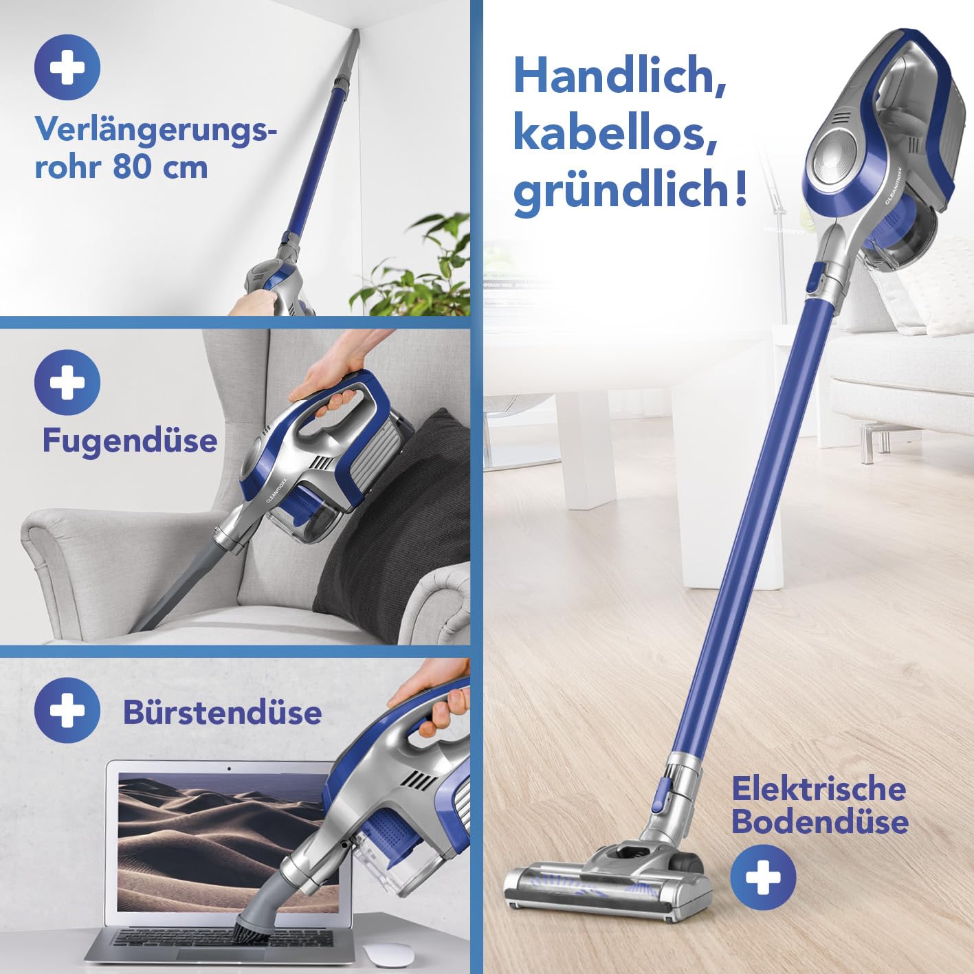 cleanmaxx-akku-zyklon-staubsauger-2in1-beutellos-blau-grau image 3