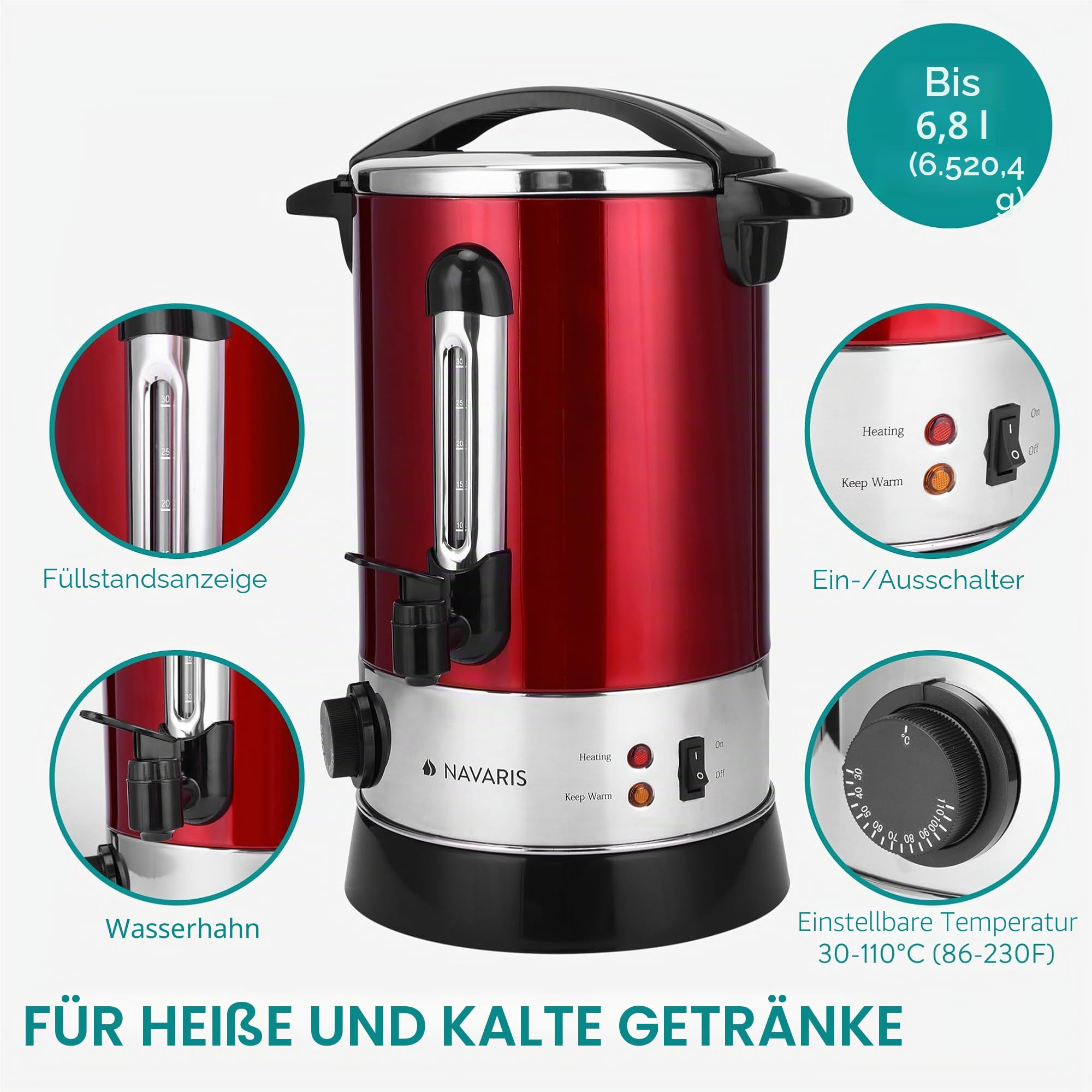 navaris-gl-hweinkocher-edelstahl-6-8l-rot-zapfhahn-thermostat image 3