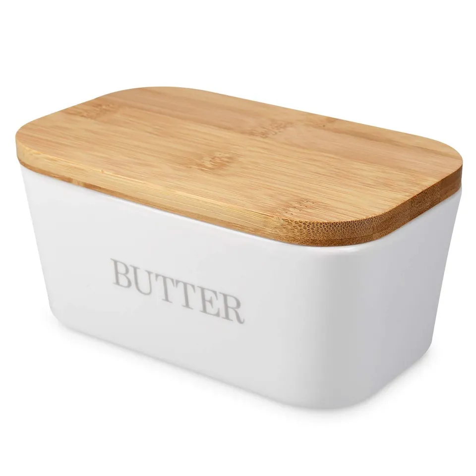 navaris-butterdose-keramik-wei-mit-bambusdeckel-16x10cm image 1