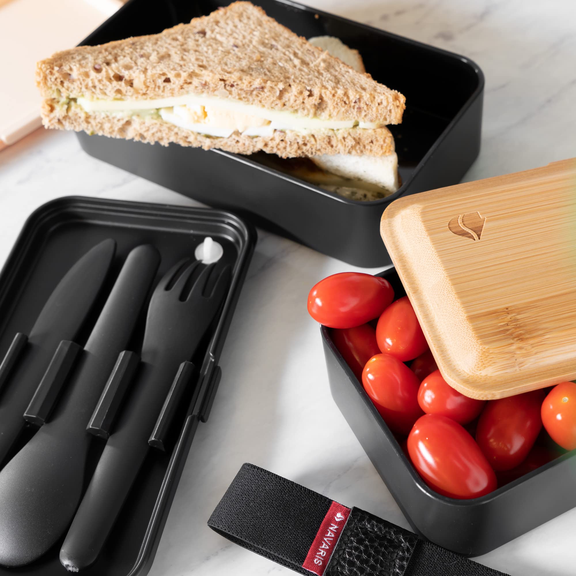 navaris-bento-box-lunchbox-mit-besteck-schwarz-2x-1200ml-luftdicht image 2