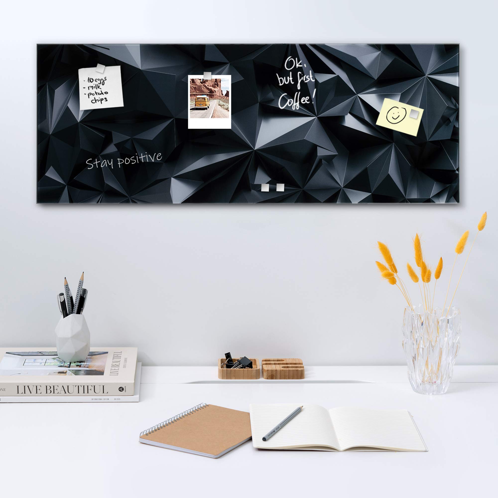navaris-magnettafel-glas-80x30cm-schwarz-mit-magneten-stift image 2