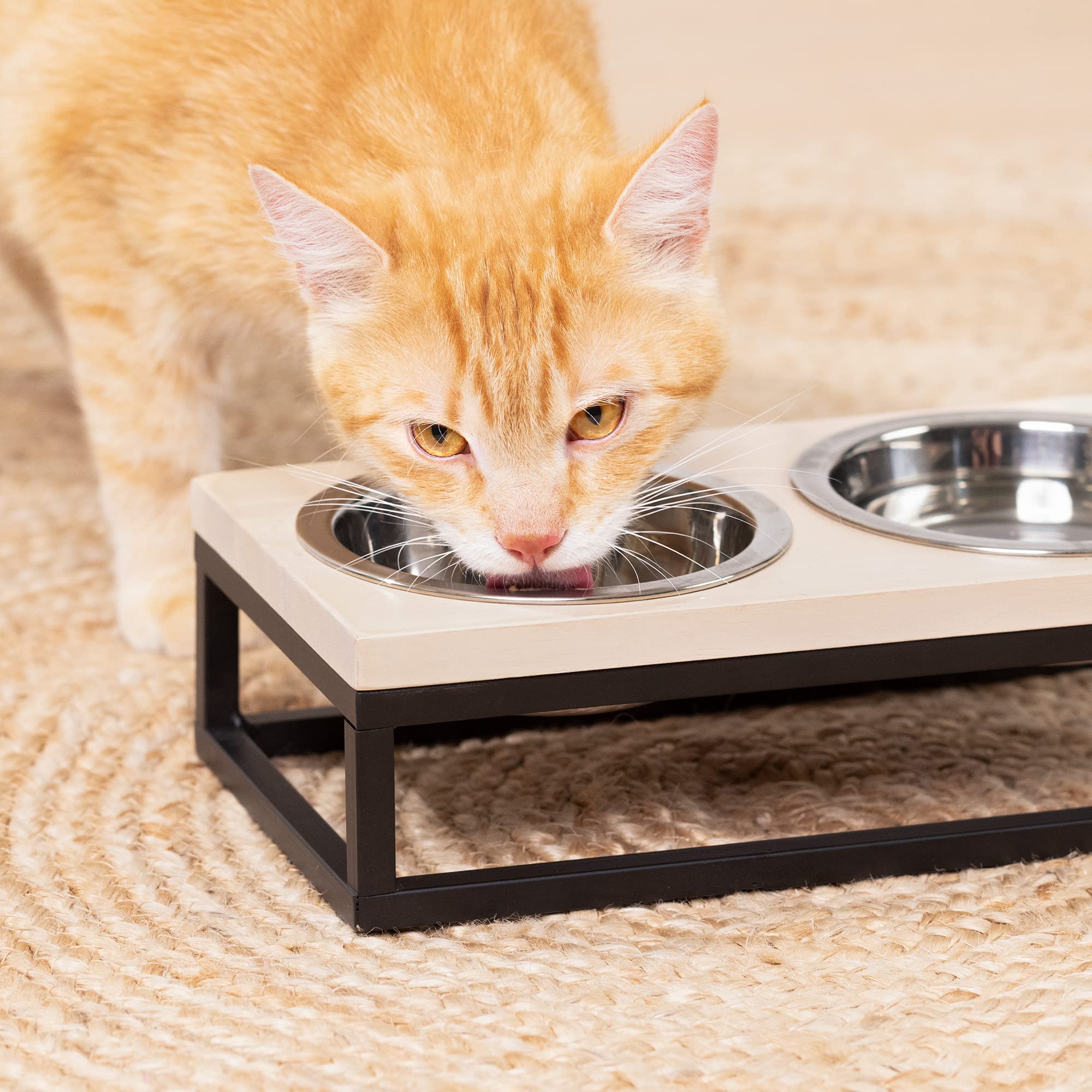 navaris-futternapf-katze-2x-eisen-mit-halter-holz-edelstahl image 2