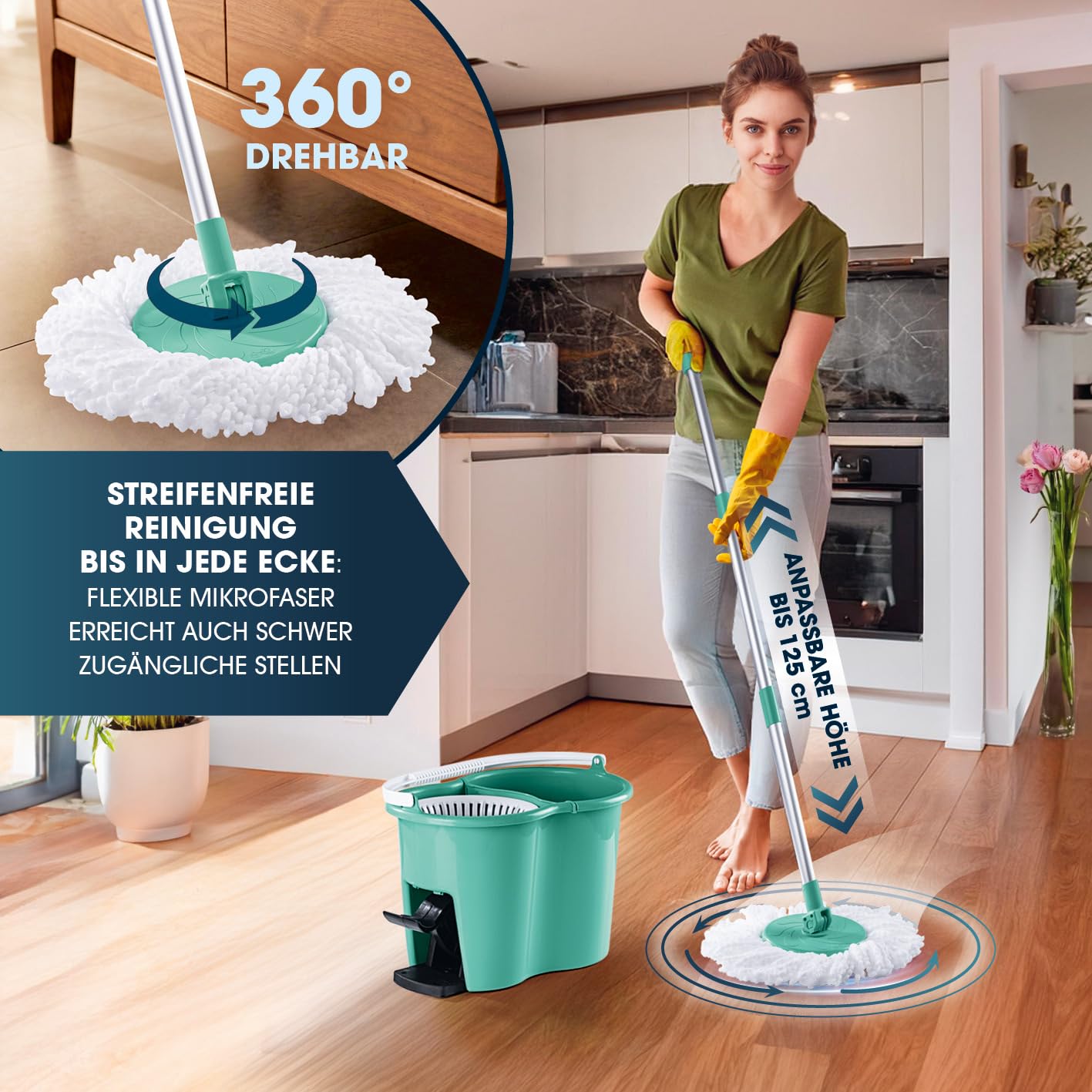 cleanmaxx-power-wischmopp-mit-eimer-t-rkis-mikrofaser-set image 5
