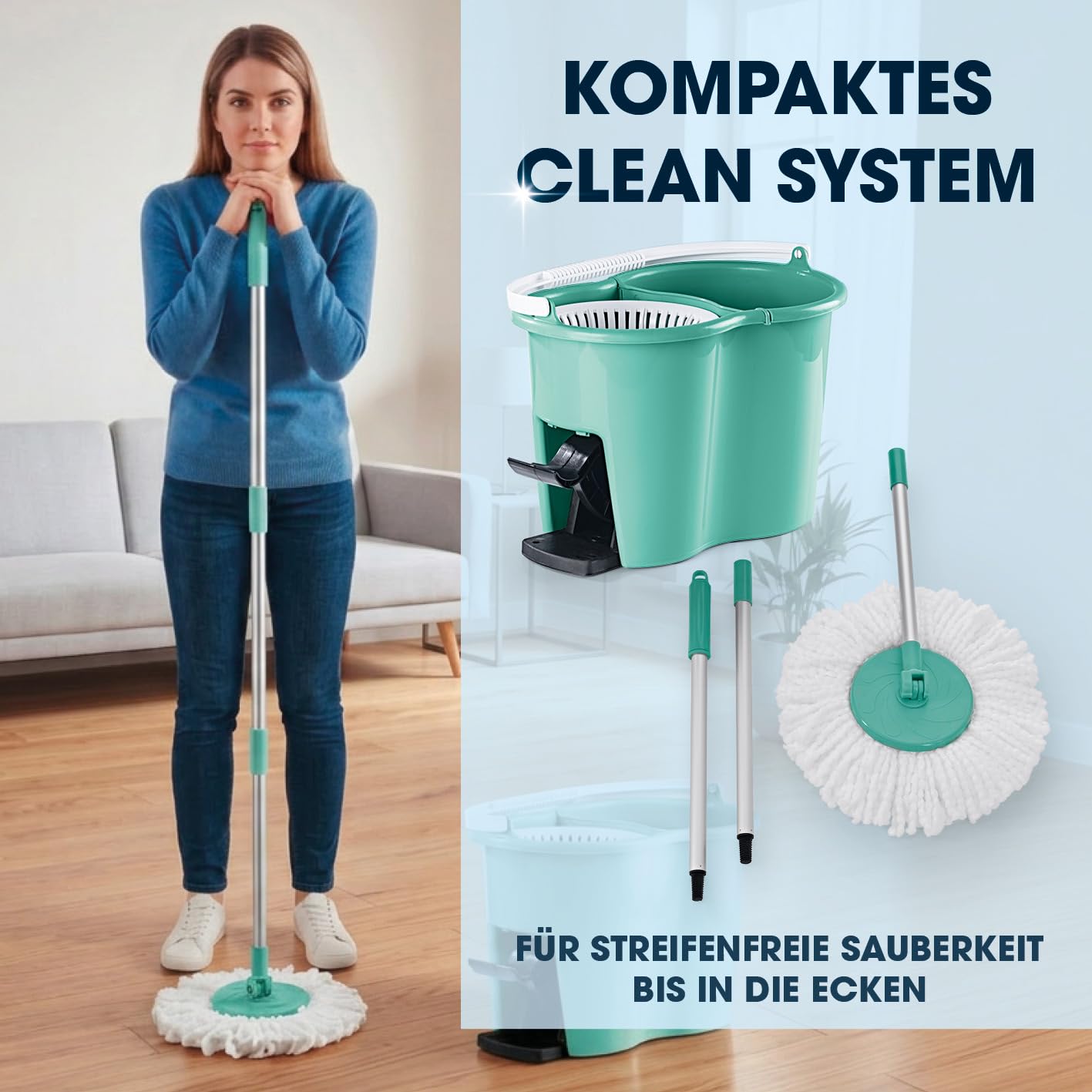 cleanmaxx-power-wischmopp-mit-eimer-t-rkis-mikrofaser-set image 7