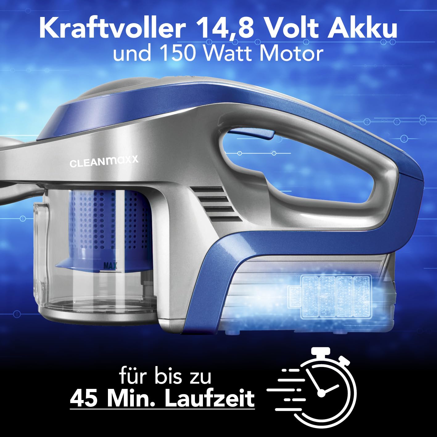 cleanmaxx-akku-zyklon-staubsauger-2in1-beutellos-blau-grau image 2