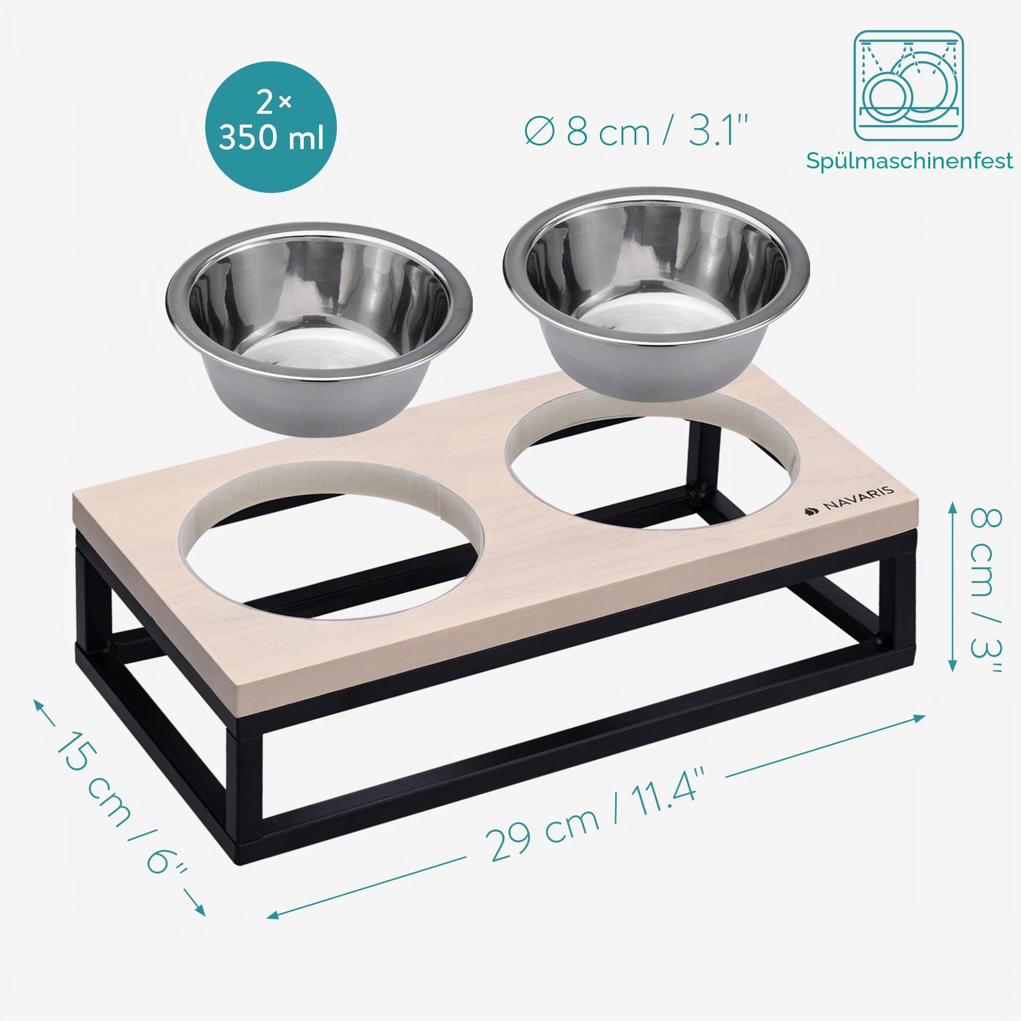 navaris-futternapf-katze-2x-eisen-mit-halter-holz-edelstahl image 3