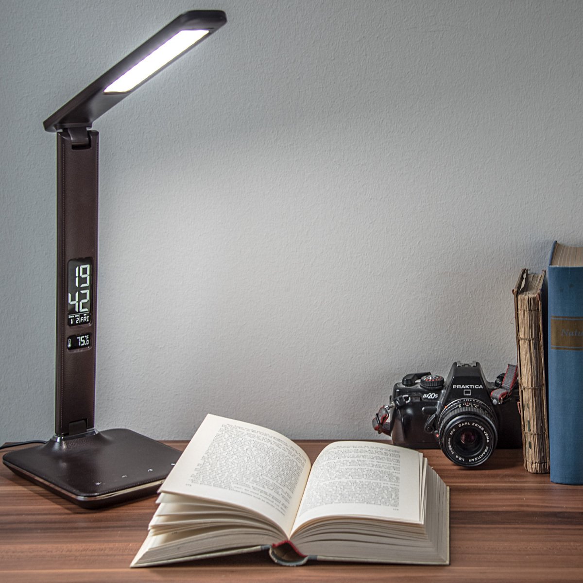 navaris-led-tischlampe-schreibtischlampe-braun-mit-wecker image 2