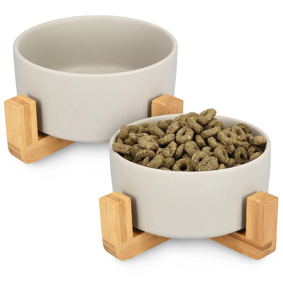 navaris-animals-futternapf-set-keramik-grau-2x-850-ml-bambus image 1